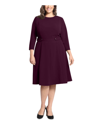 LONDON TIMES Womens Purple Zippered Button-tab Waist 3/4 Sleeve Crew Neck Midi Wear To Work Fit + Flare Dress Plus 14W