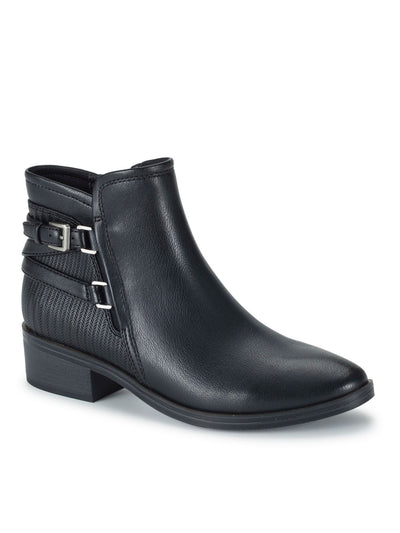 BARETRAPS Womens Black Mixed Media Buckled Accent Straps Padded Mackenzie Almond Toe Block Heel Zip-Up Booties 6 M