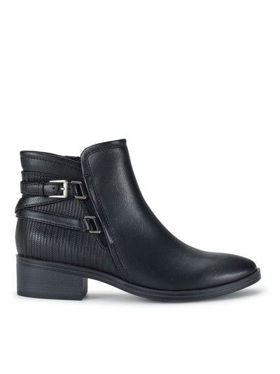 BARETRAPS Womens Black Mixed Media Buckled Accent Straps Padded Mackenzie Almond Toe Block Heel Zip-Up Booties 6 M