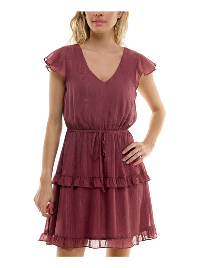 BCX DRESS Womens Tie Flutter Sleeve V Neck Short Fit + Flare Dress