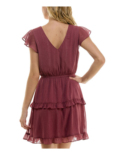 BCX DRESS Womens Pink Tie Lined Flutter Sleeve V Neck Short Fit + Flare Dress Juniors XL