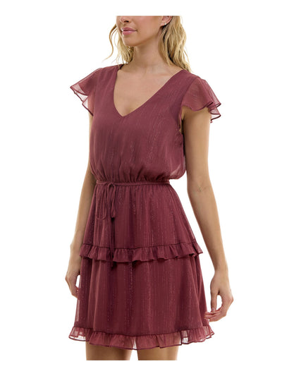 BCX DRESS Womens Pink Tie Lined Flutter Sleeve V Neck Short Fit + Flare Dress Juniors M