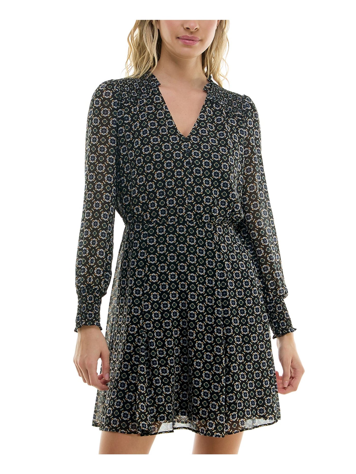 BCX DRESS Womens Black Lined Smocked Shoulder And Cuffs Ruffl Long Sleeve V Neck Short Fit + Flare Dress S