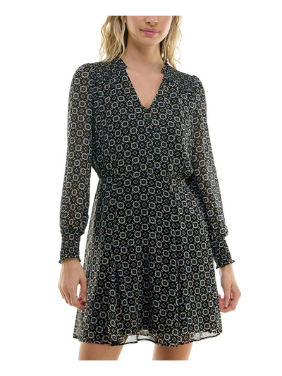 BCX DRESS Womens Black Lined Smocked Shoulder And Cuffs Ruffl Long Sleeve V Neck Short Fit + Flare Dress S