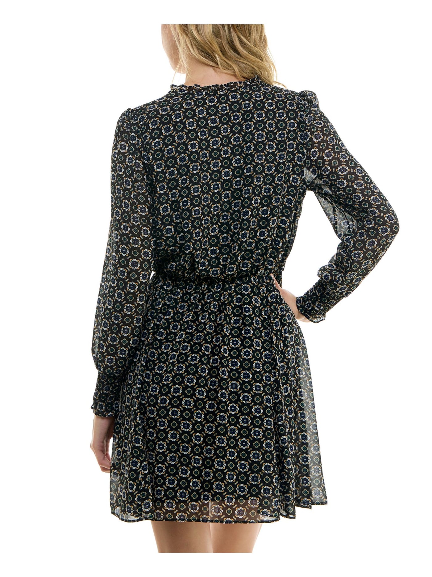 BCX DRESS Womens Black Lined Smocked Shoulder And Cuffs Ruffl Long Sleeve V Neck Short Fit + Flare Dress S