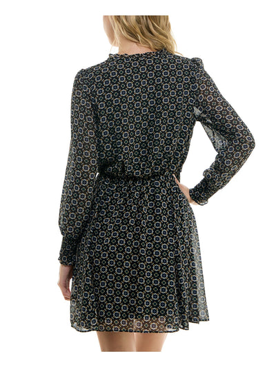 BCX DRESS Womens Black Lined Smocked Shoulder And Cuffs Ruffl Long Sleeve V Neck Short Fit + Flare Dress S