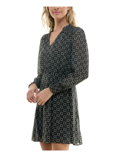 BCX DRESS Womens Black Lined Smocked Shoulder And Cuffs Ruffl Long Sleeve V Neck Short Fit + Flare Dress S