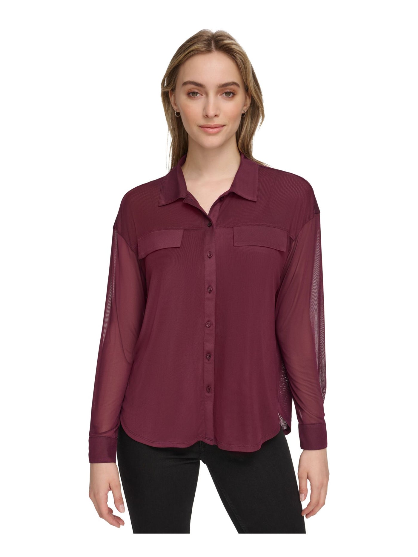 CALVIN KLEIN Womens Burgundy Sheer Faux-pocket Cuffed Sleeve Point Collar Button Up Top L