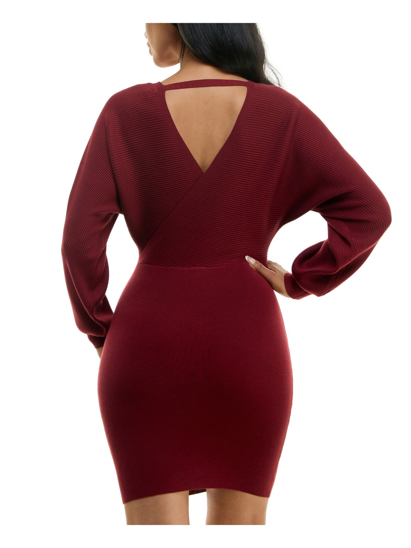 ROSIE HARLOW Womens Maroon Stretch Ribbed Open Back Blouson Sleeve Surplice Neckline Above The Knee Body Con Dress Juniors XL