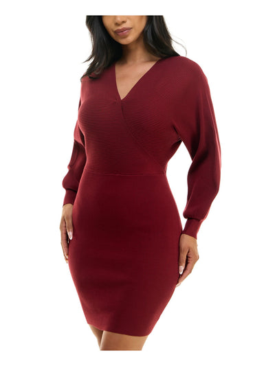 ROSIE HARLOW Womens Maroon Stretch Ribbed Open Back Blouson Sleeve Surplice Neckline Above The Knee Body Con Dress Juniors XL