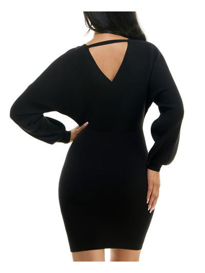 ROSIE HARLOW Womens Black Stretch Ribbed Open Back Blouson Sleeve Surplice Neckline Above The Knee Body Con Dress Juniors L