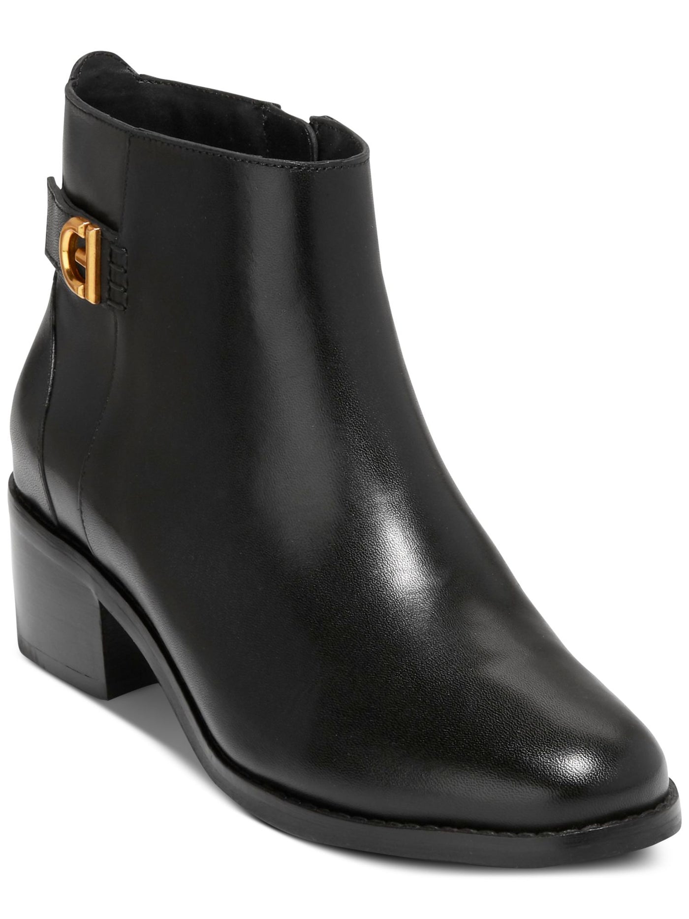 COLE HAAN Womens Black Metallic Accented Side Strap Padded Holis Almond Toe Block Heel Zip-Up Leather Booties 8 B