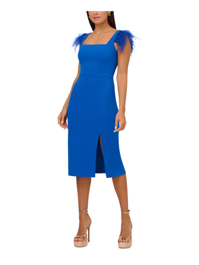 AIDAN Womens Blue Slitted Zippered Lined Feathered Sleeve Sleeveless Square Neck Below The Knee Evening Sheath Dress 2