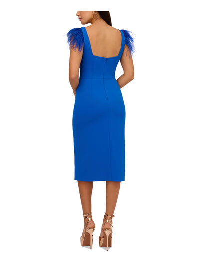 AIDAN Womens Blue Slitted Zippered Lined Feathered Sleeve Sleeveless Square Neck Below The Knee Evening Sheath Dress 2