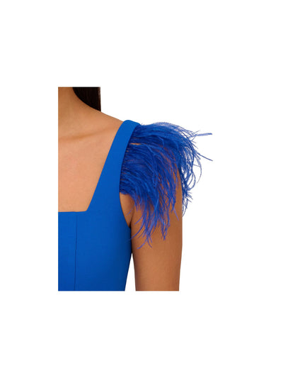 AIDAN Womens Blue Slitted Zippered Lined Feathered Sleeve Sleeveless Square Neck Below The Knee Evening Sheath Dress 2