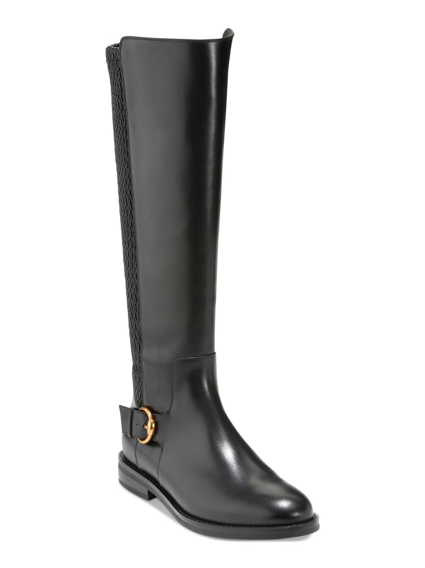 COLE HAAN Womens Black Mixed Media Stretch Pannel Buckled Ankle Strap Woven Clover Almond Toe Zip-Up Riding Boot 6.5 B
