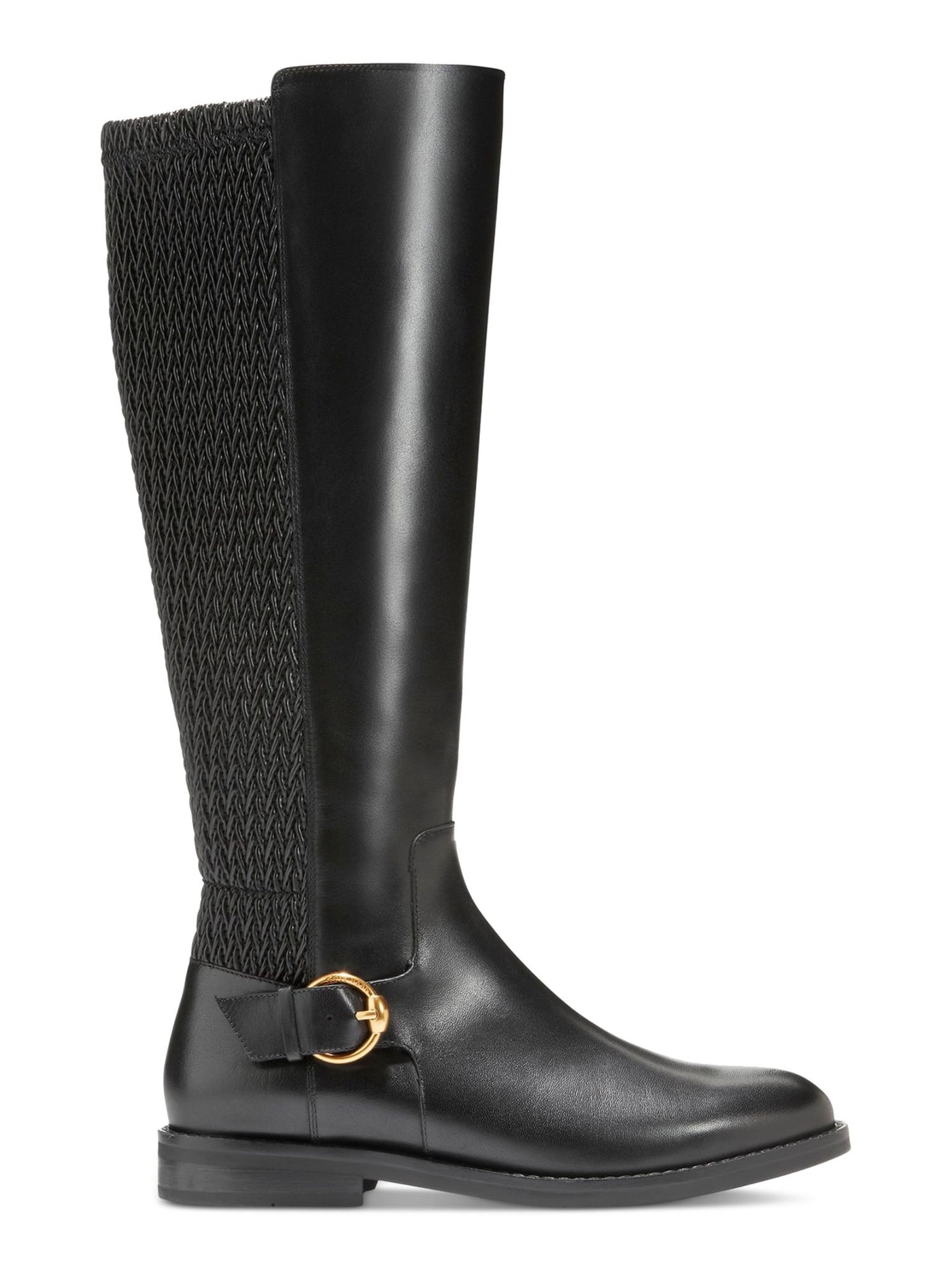 COLE HAAN Womens Black Mixed Media Stretch Pannel Buckled Ankle Strap Woven Clover Almond Toe Zip-Up Riding Boot 6.5 B