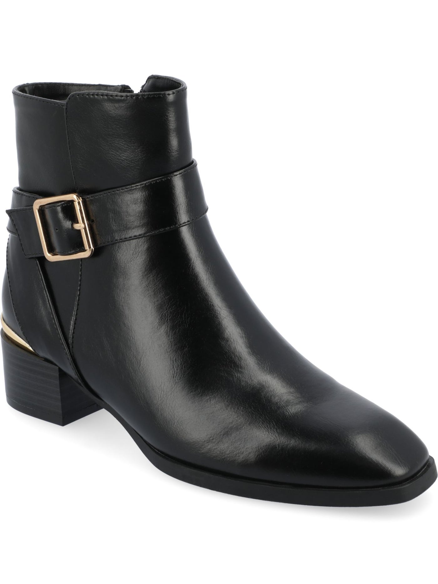 JOURNEE COLLECTION Womens Black Buckled Ankle Strap Accent Cushioned Metallic Padded Elley Round Toe Block Heel Zip-Up Booties 6.5 M