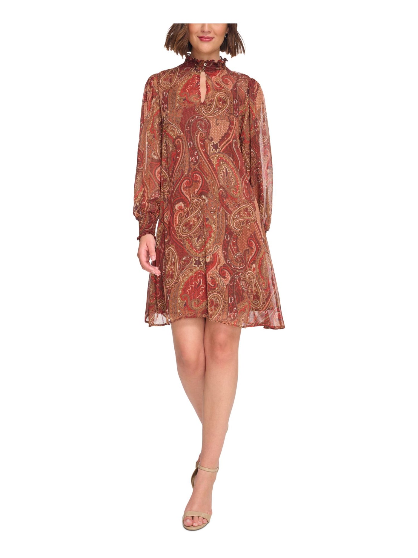 TOMMY HILFIGER Womens Brown Smocked Lined Keyhole Paisley Long Sleeve Mock Neck Above The Knee Shift Dress 4