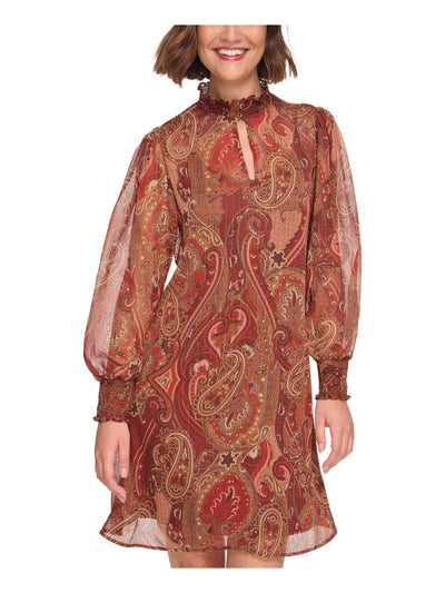 TOMMY HILFIGER Womens Brown Smocked Lined Keyhole Paisley Long Sleeve Mock Neck Above The Knee Shift Dress 10