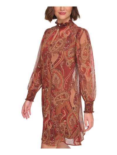 TOMMY HILFIGER Womens Brown Smocked Lined Keyhole Paisley Long Sleeve Mock Neck Above The Knee Shift Dress 6