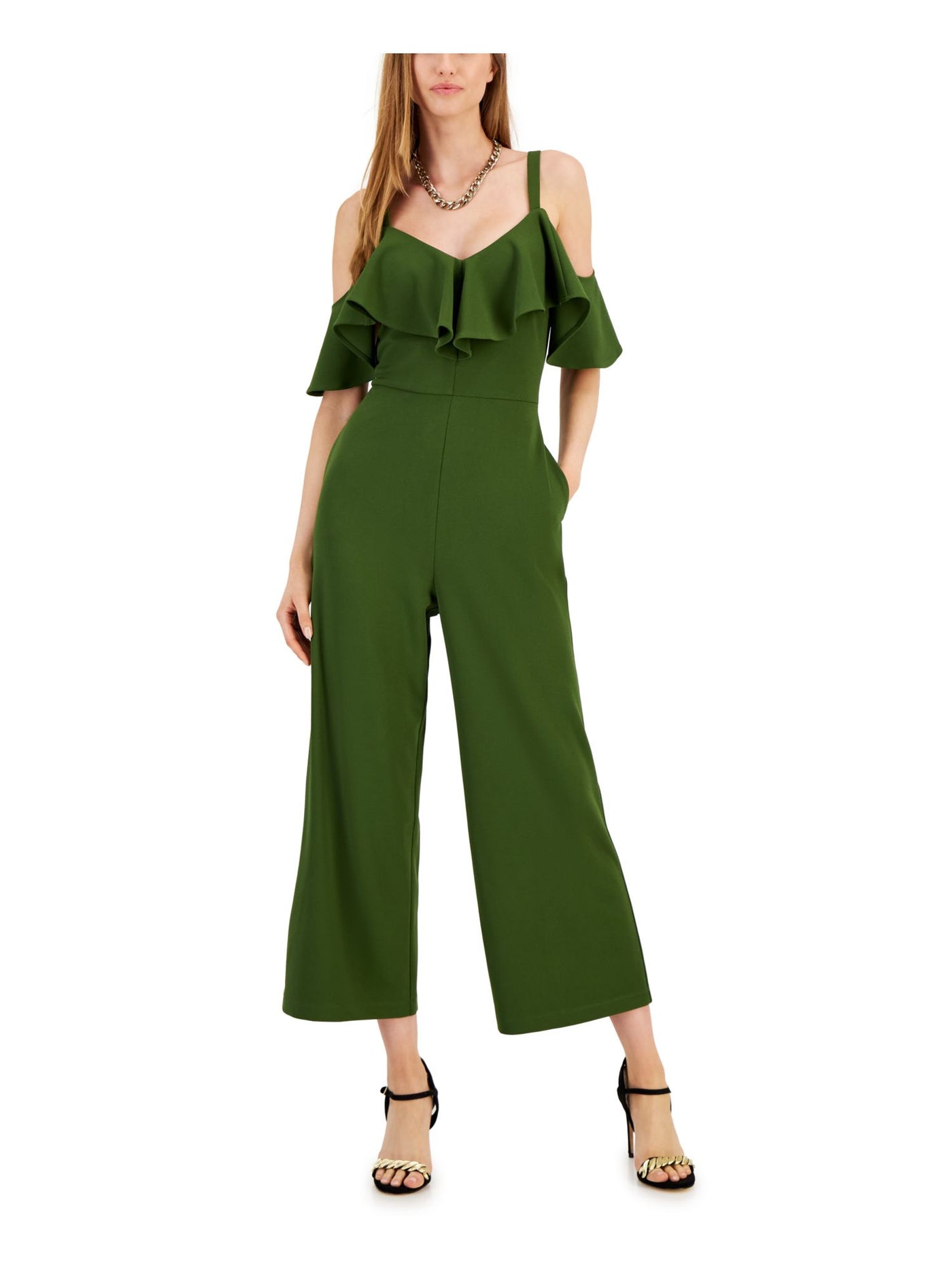 RACHEL RACHEL ROY Womens Green Ruffled Cold Shoulder Zippered Flutter Sleeve V Neck Party Wide Leg Jumpsuit XS