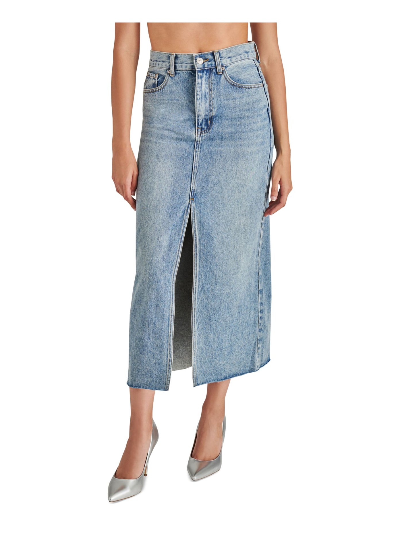 STEVE MADDEN Womens Blue Zippered Pocketed High Front Slit Raw-edge Hem Maxi Pencil Skirt 8