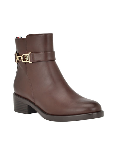 TOMMY HILFIGER Womens Brown Logo Hardware Ankle Strap Padded Ianzi Almond Toe Block Heel Zip-Up Booties 7.5 M