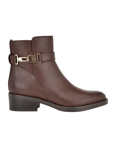 TOMMY HILFIGER Womens Brown Logo Hardware Ankle Strap Padded Ianzi Almond Toe Block Heel Zip-Up Booties 7.5 M