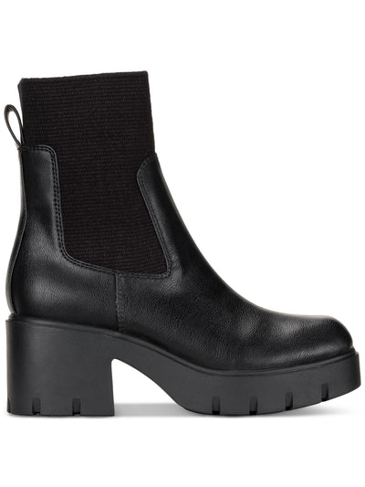 SUN STONE Womens Black Lug Sole Heel Pull-Tab Treaded Padded Stretch Square Toe Chelsea Boot 10 M