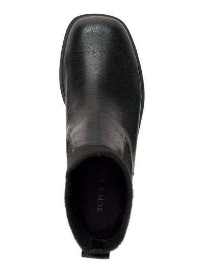 SUN STONE Womens Black Lug Sole Heel Pull-Tab Treaded Padded Stretch Square Toe Chelsea Boot 9.5