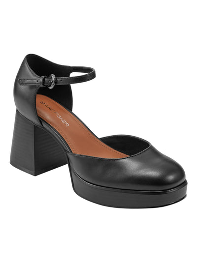 MARC FISHER Womens Black 1" Platform Ankle Strap Padded Daffy Square Toe Block Heel Buckle Pumps Shoes 9.5 M