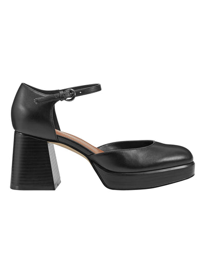 MARC FISHER Womens Black 1" Platform Ankle Strap Padded Daffy Square Toe Block Heel Buckle Pumps Shoes 9.5 M