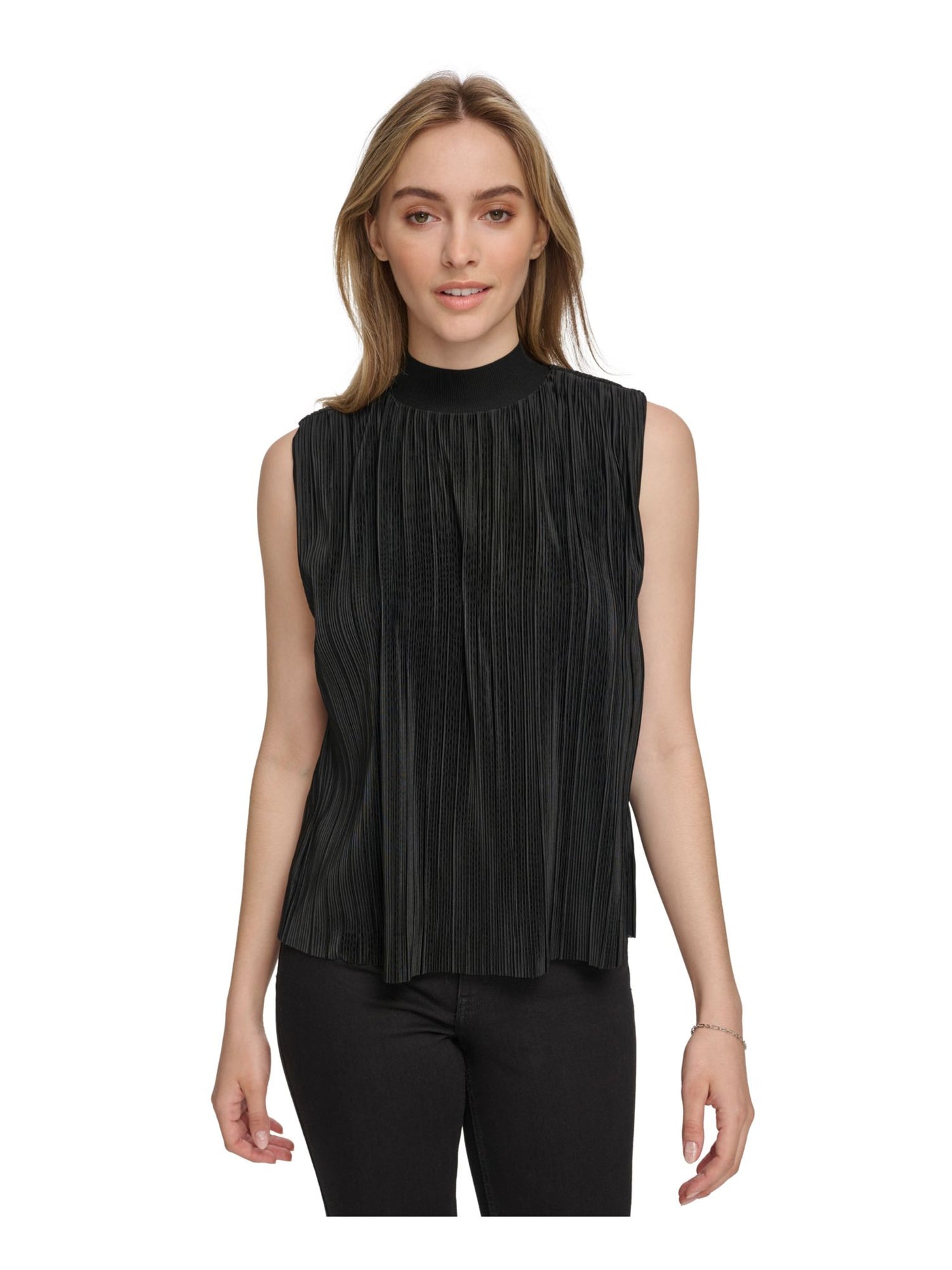 CALVIN KLEIN Womens Black Pleated Zippered Unlined Sleeveless Mock Neck Blouse S