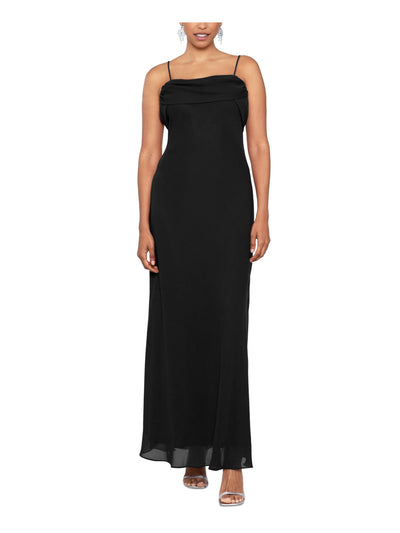 BETSY & ADAM Womens Black Zippered Gathered Draped Details Lined Spaghetti Strap Square Neck Full-Length Evening Gown Dress 14