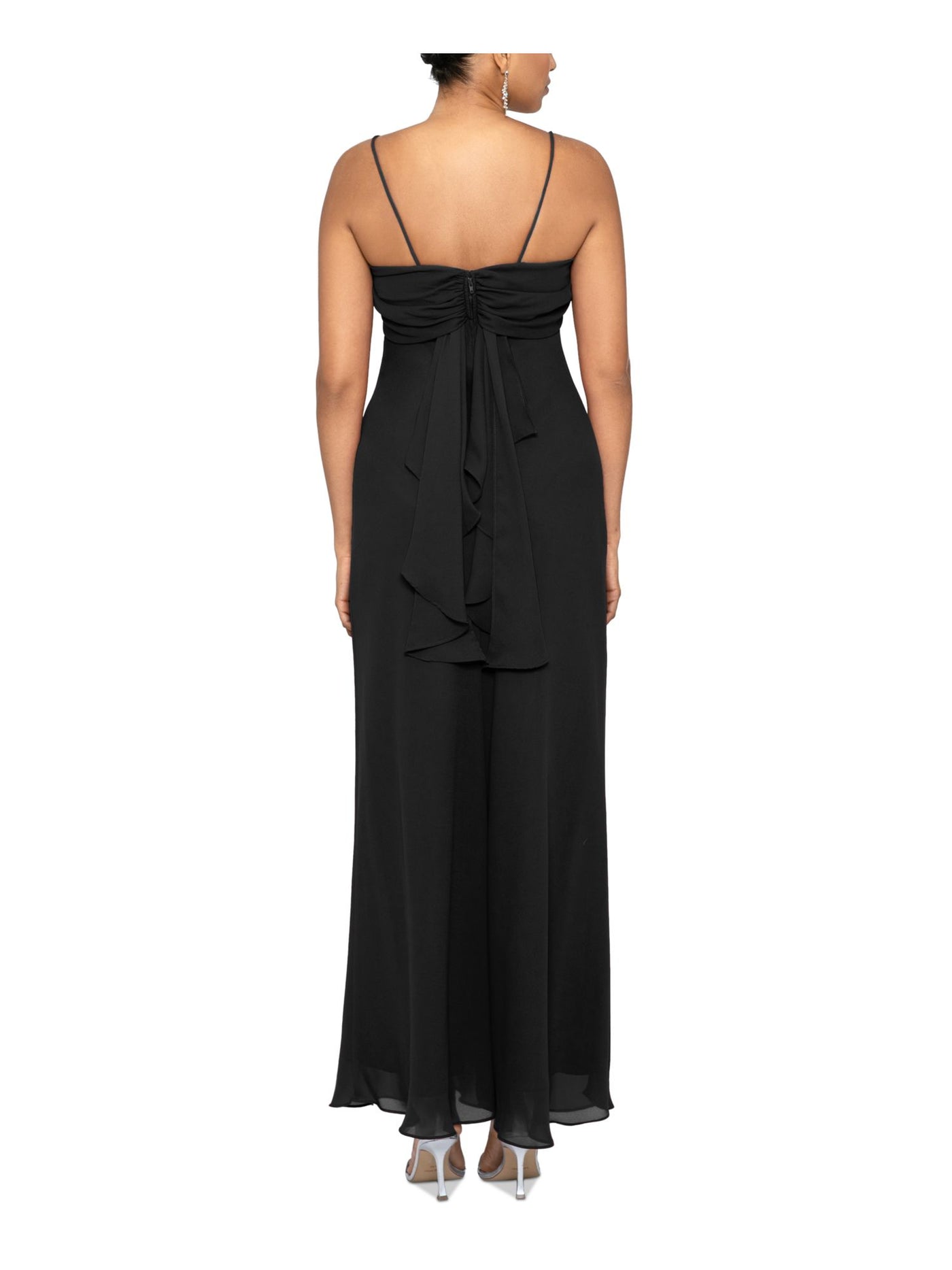BETSY & ADAM Womens Black Zippered Gathered Draped Details Lined Spaghetti Strap Square Neck Full-Length Evening Gown Dress 14
