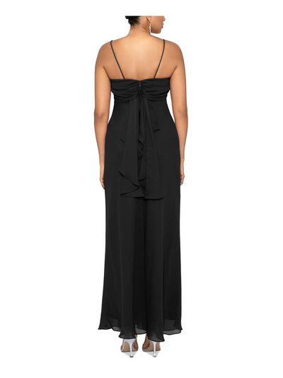 BETSY & ADAM Womens Black Zippered Gathered Draped Details Lined Spaghetti Strap Square Neck Full-Length Evening Gown Dress 14