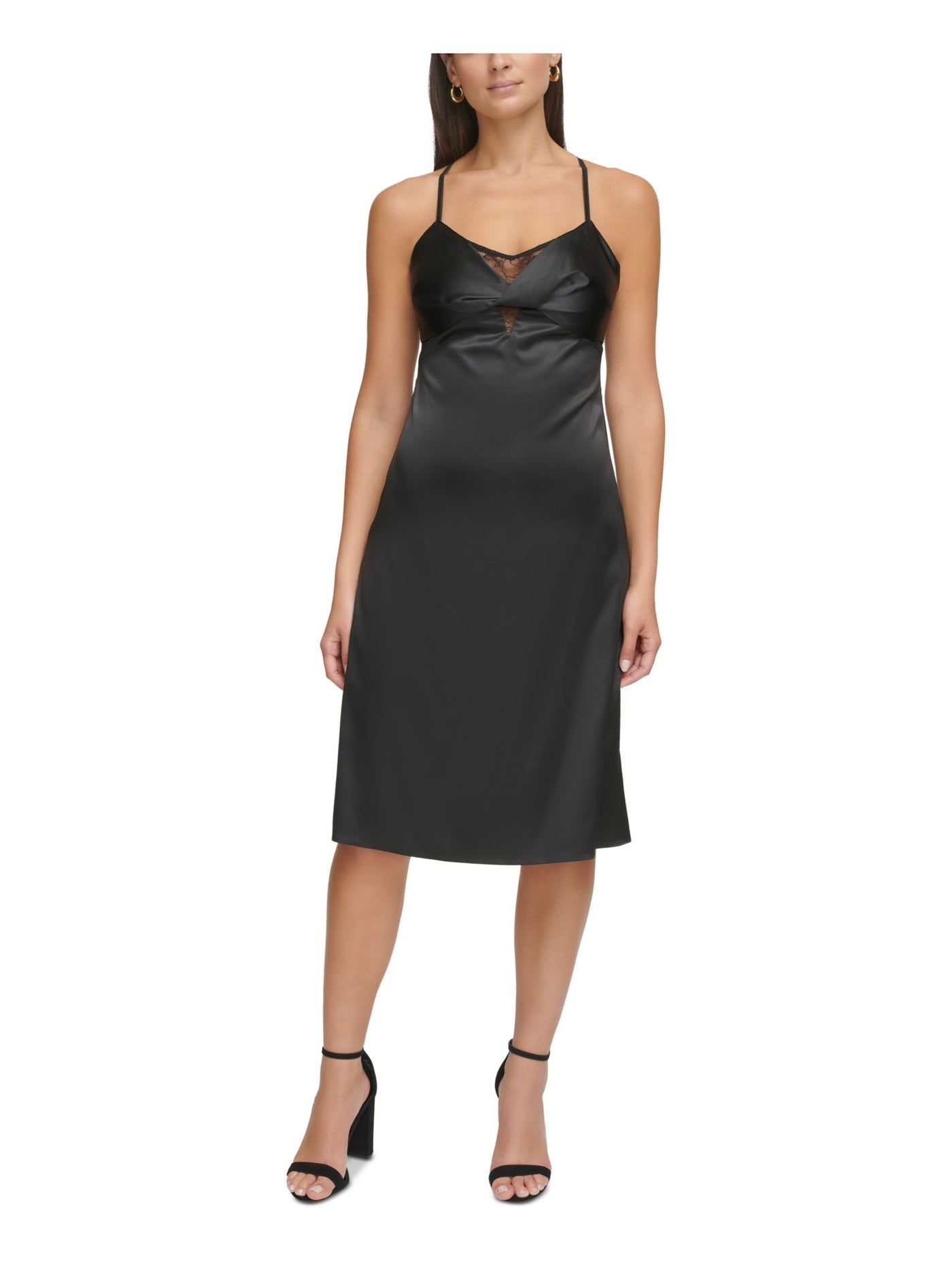 GUESS Womens Black Zippered Adjustable Lace Trim Knotted Padded Lined Spaghetti Strap V Neck Below The Knee Evening Sheath Dress 6