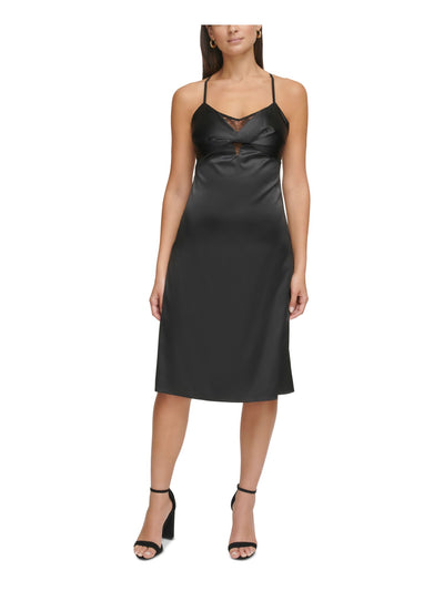 GUESS Womens Black Zippered Adjustable Lace Trim Knotted Padded Lined Spaghetti Strap V Neck Below The Knee Evening Sheath Dress 6