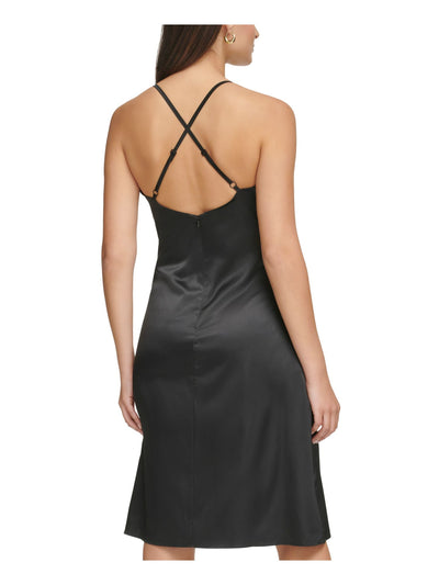 GUESS Womens Black Zippered Adjustable Lace Trim Knotted Padded Lined Spaghetti Strap V Neck Below The Knee Evening Sheath Dress 6