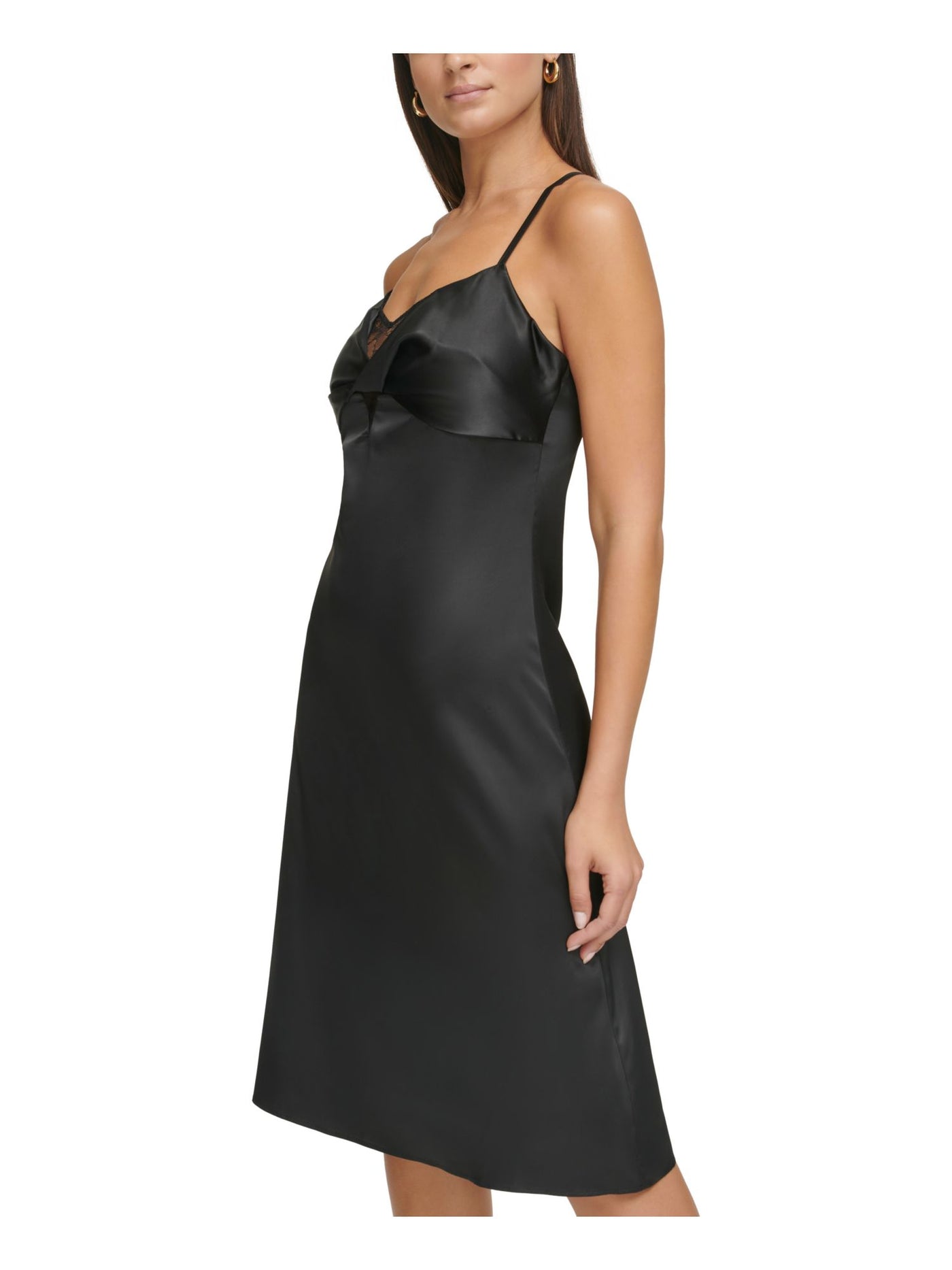 GUESS Womens Black Zippered Adjustable Lace Trim Knotted Padded Lined Spaghetti Strap V Neck Below The Knee Evening Sheath Dress 6