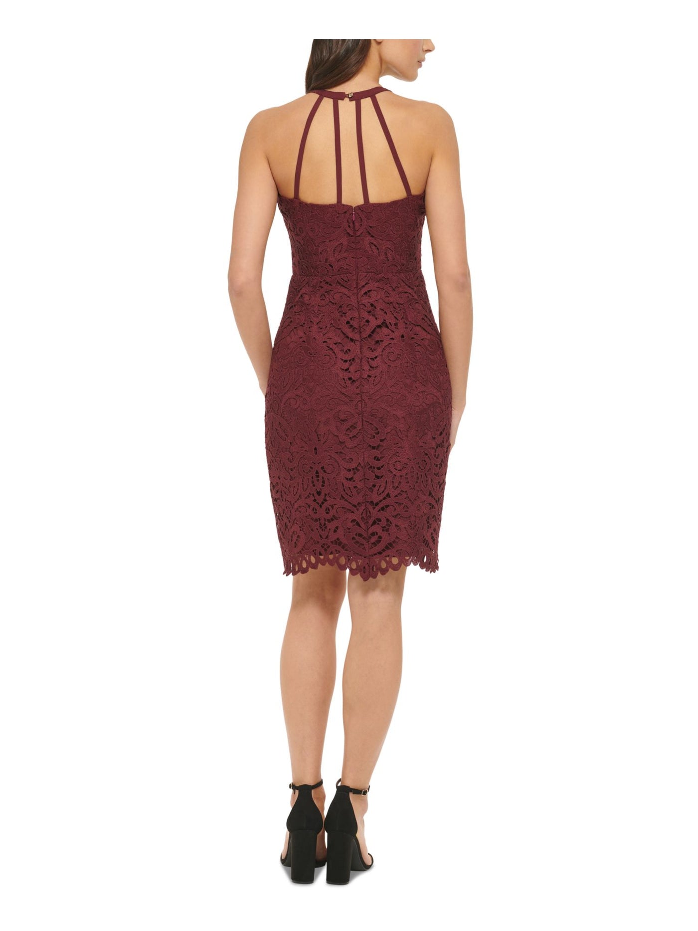 GUESS Womens Burgundy Zippered Scalloped Strappy Back Bra Cups Lined Sleeveless Keyhole Above The Knee Party Sheath Dress 2