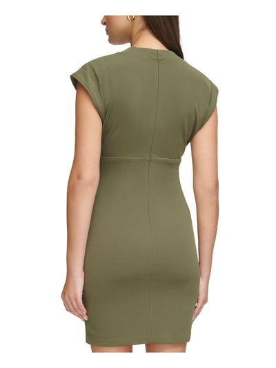 GUESS Womens Green Zippered Lined Gathered Stretch Cap Sleeve V Neck Short Body Con Dress 10