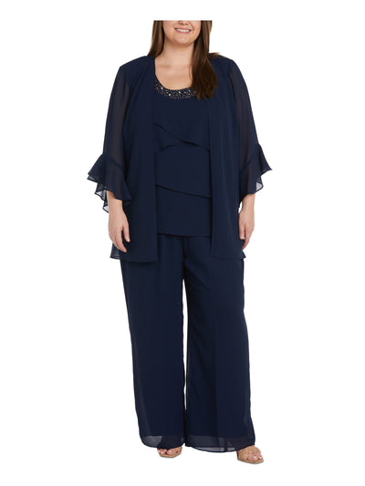 R&M RICHARDS WOMAN Womens Navy Sheer Shoulder Pads Bell Sleeve Open Front Wear To Work Duster Cardigan Plus 16W