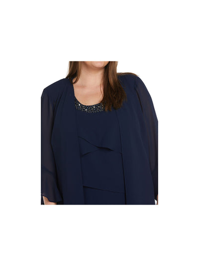 R&M RICHARDS WOMAN Womens Navy Sheer Shoulder Pads Bell Sleeve Open Front Wear To Work Duster Cardigan Plus 16W