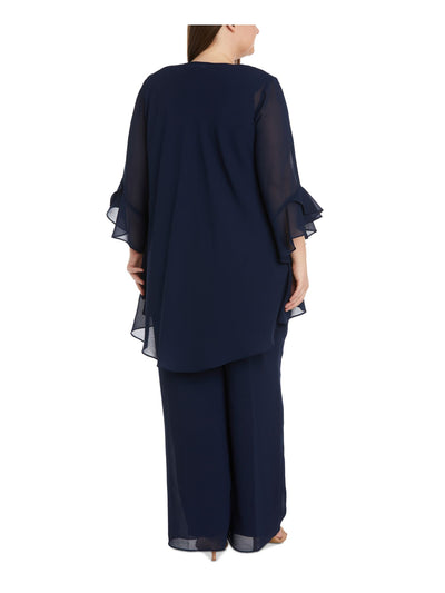 R&M RICHARDS WOMAN Womens Navy Sheer Shoulder Pads Bell Sleeve Open Front Wear To Work Duster Cardigan Plus 16W