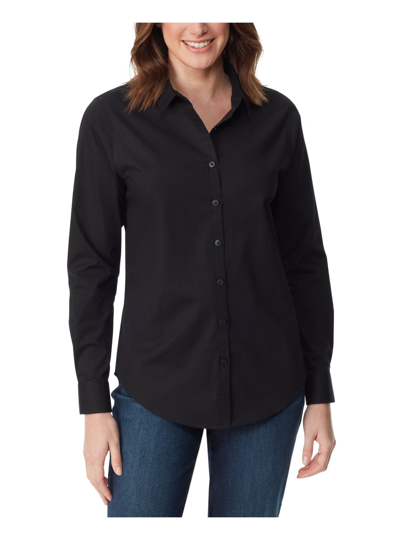 GLORIA VANDERBILT Womens Black Cuffed Sleeve Point Collar Button Up Top XL