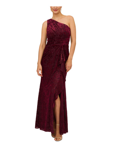 ADRIANNA PAPELL Womens Burgundy Pleated Zippered Cascading Ruffle Slitted Lined Sleeveless Asymmetrical Neckline Full-Length Formal Gown Dress 0