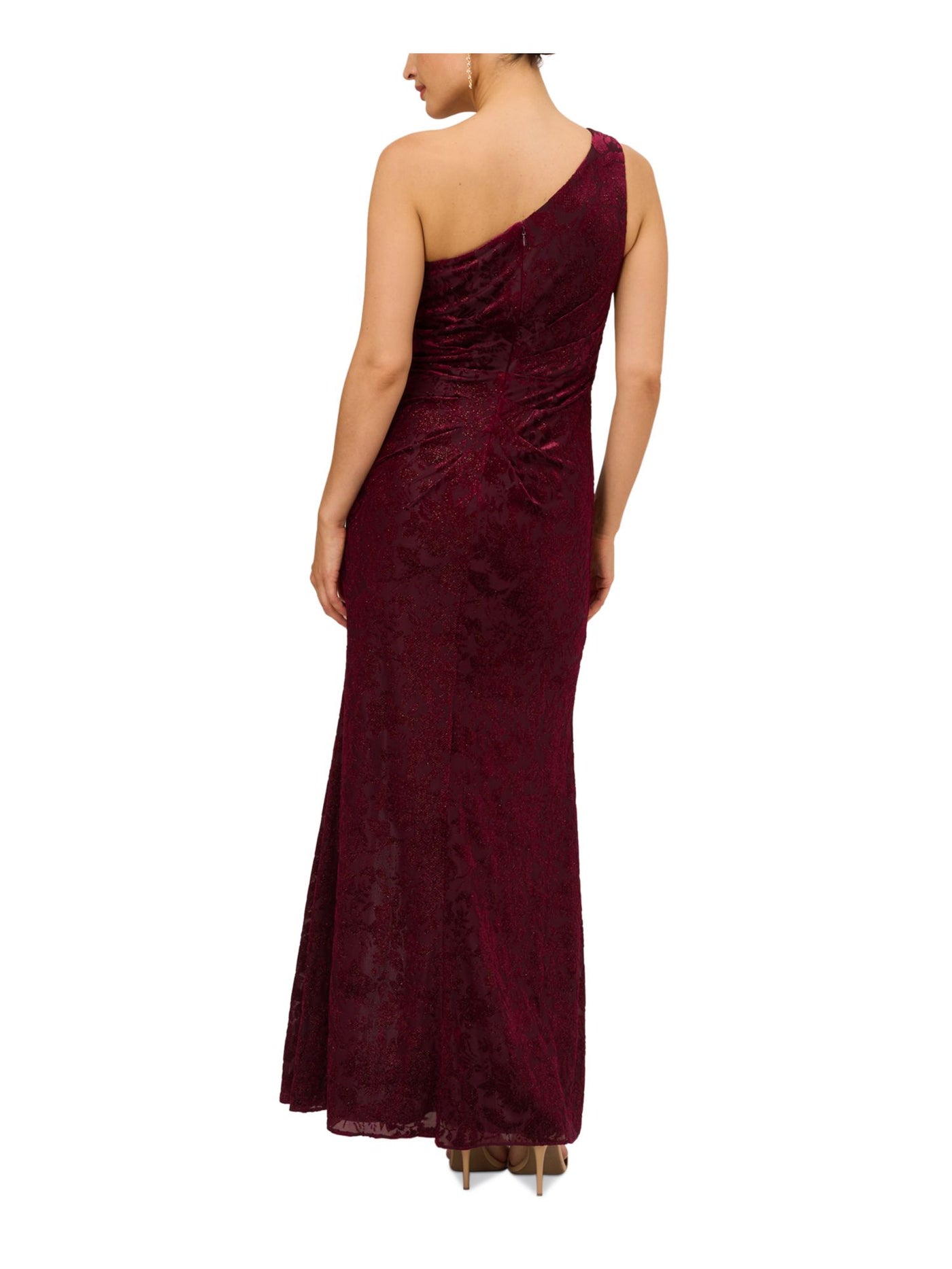 ADRIANNA PAPELL Womens Purple Pleated Zippered Cascading Ruffle Slitted Lined Sleeveless Asymmetrical Neckline Full-Length Formal Gown Dress 2