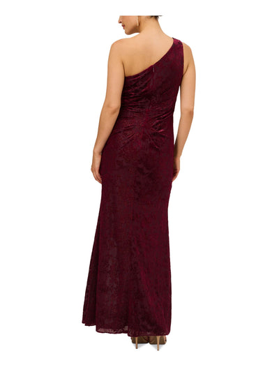 ADRIANNA PAPELL Womens Purple Pleated Zippered Cascading Ruffle Slitted Lined Sleeveless Asymmetrical Neckline Full-Length Formal Gown Dress 2